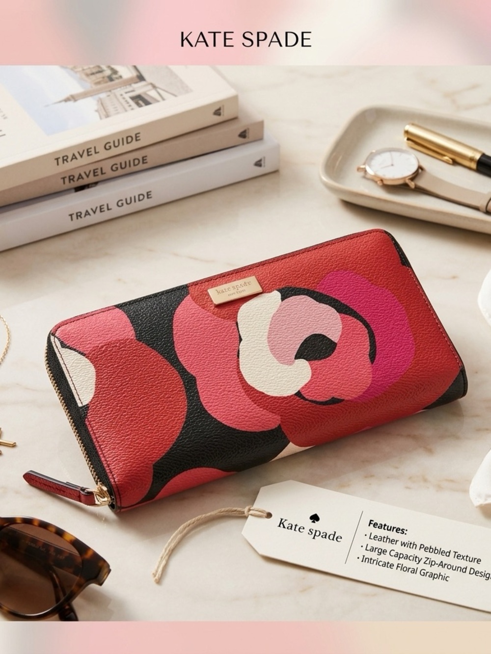 Kate Spade Wonderfloral Neda Zip Around Long Wallet Clutch Red Pink Black